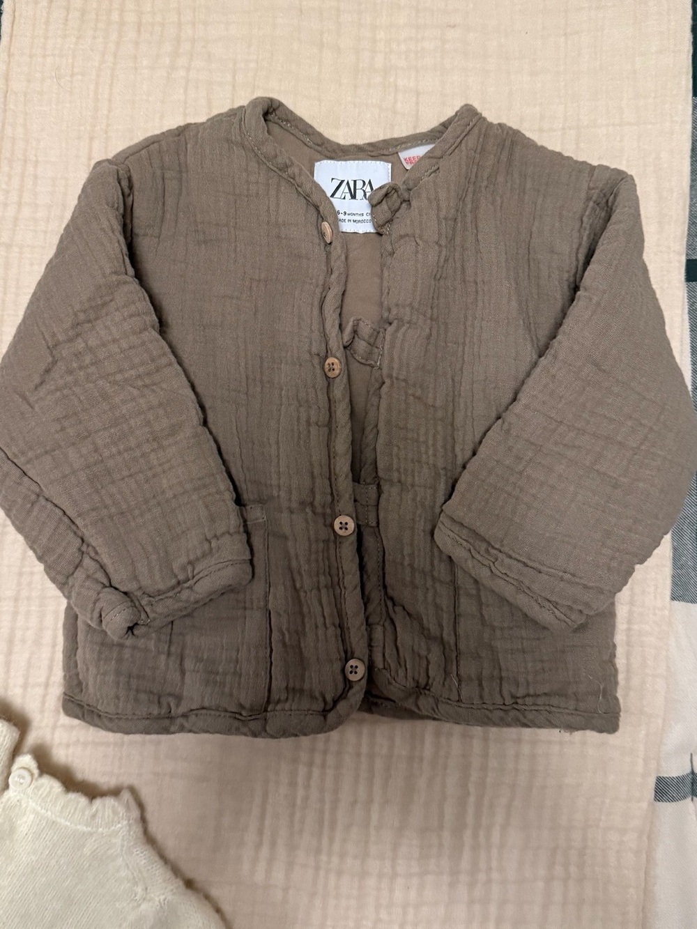 ZARA Kids Soft Quilted Taupe Button Jacket 6-9M